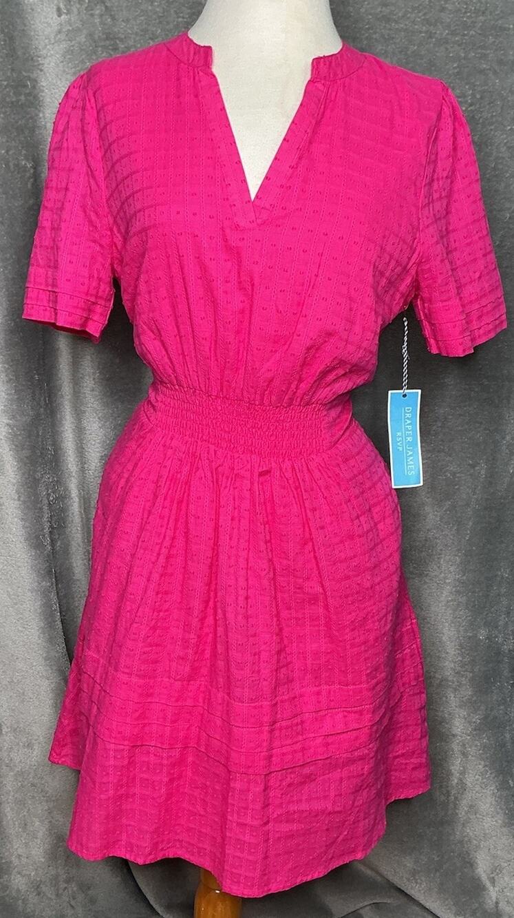 Draper James RSVP Women’s Medium Fuchsia Split Neck Smocked Waist Dress NWT